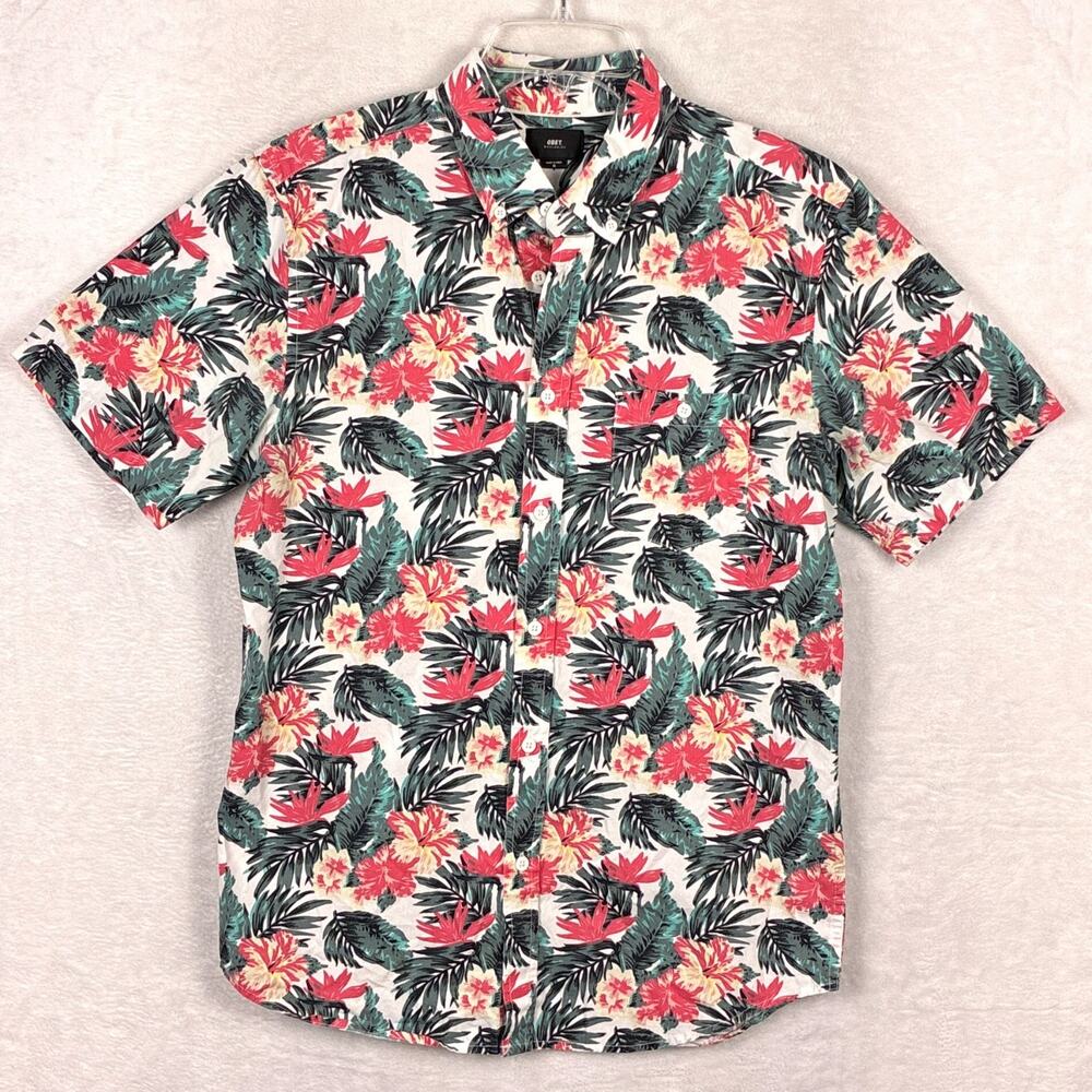 Obey Hawaiian Shirt Mens M Multicolor Palm Floral AOP Aloha Skater Surf Beach